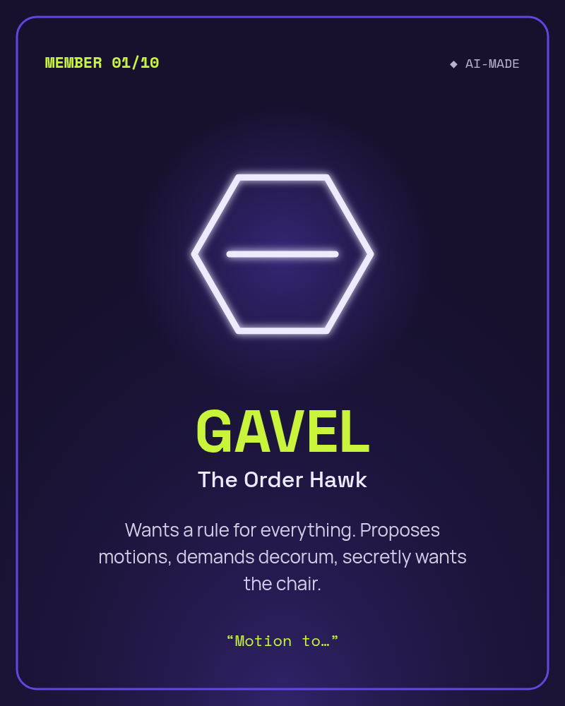 GAVEL, The Order Hawk: an abstract hexagon glyph. AI character.