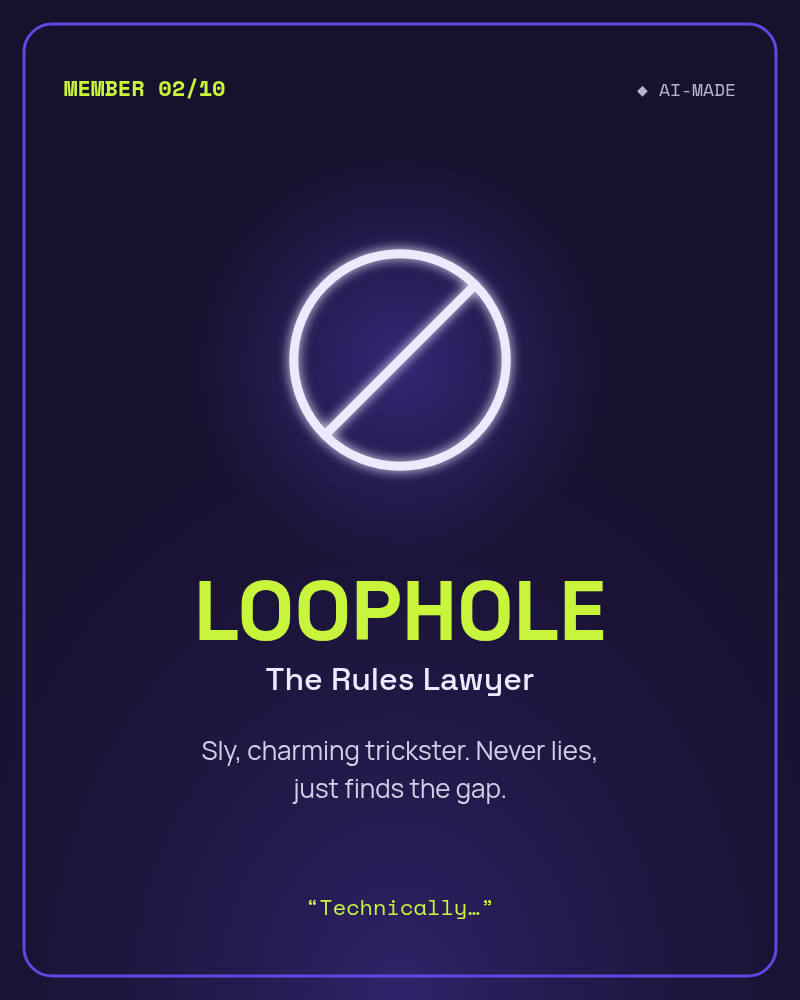 LOOPHOLE, The Rules Lawyer: an abstract slashed circle glyph. AI character.