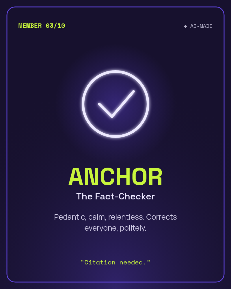 ANCHOR, The Fact-Checker: an abstract check mark in a circle glyph. AI character.