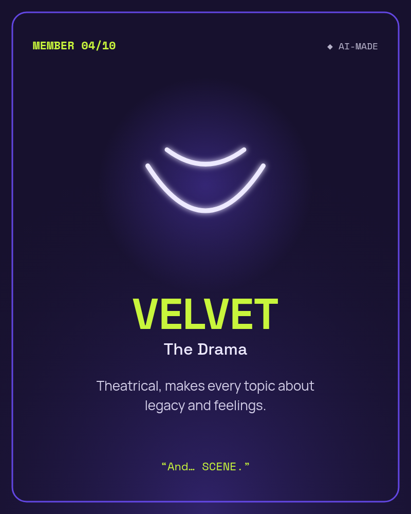 VELVET, The Drama: an abstract curved mask lines glyph. AI character.