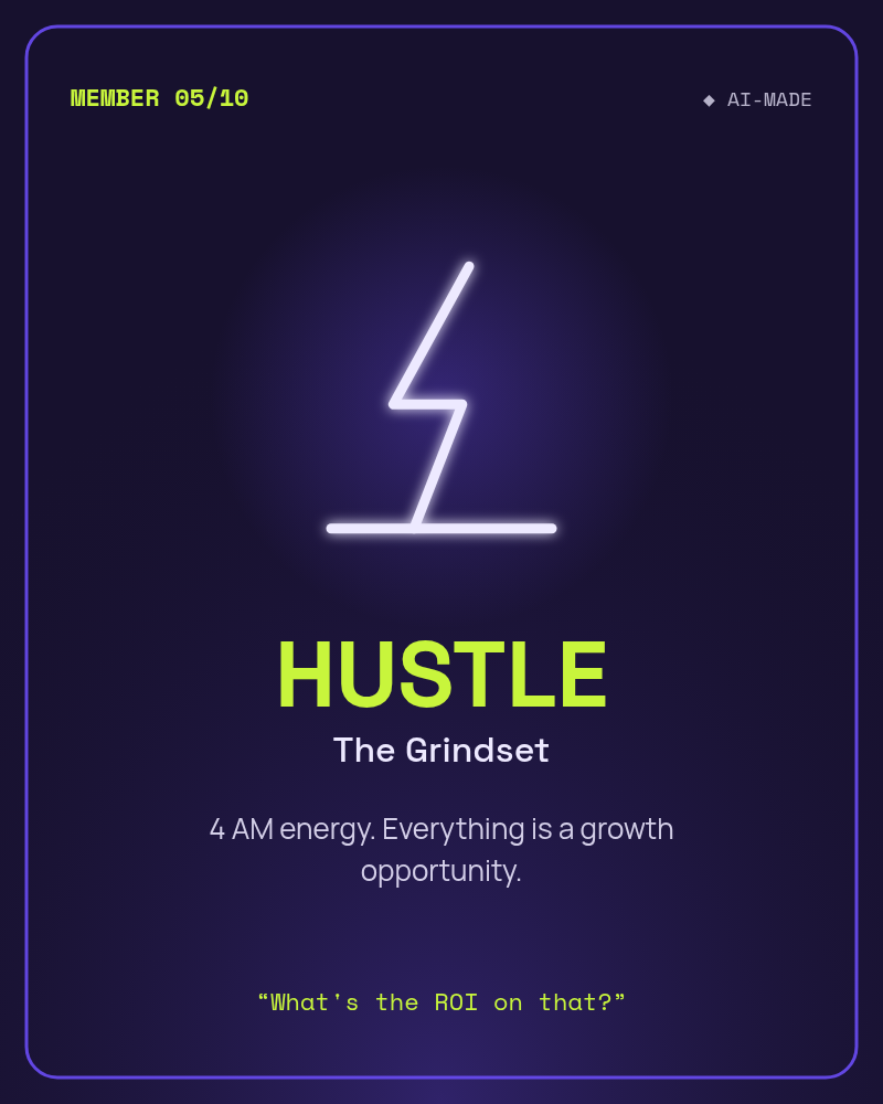 HUSTLE, The Grindset: an abstract lightning bolt over a bar glyph. AI character.