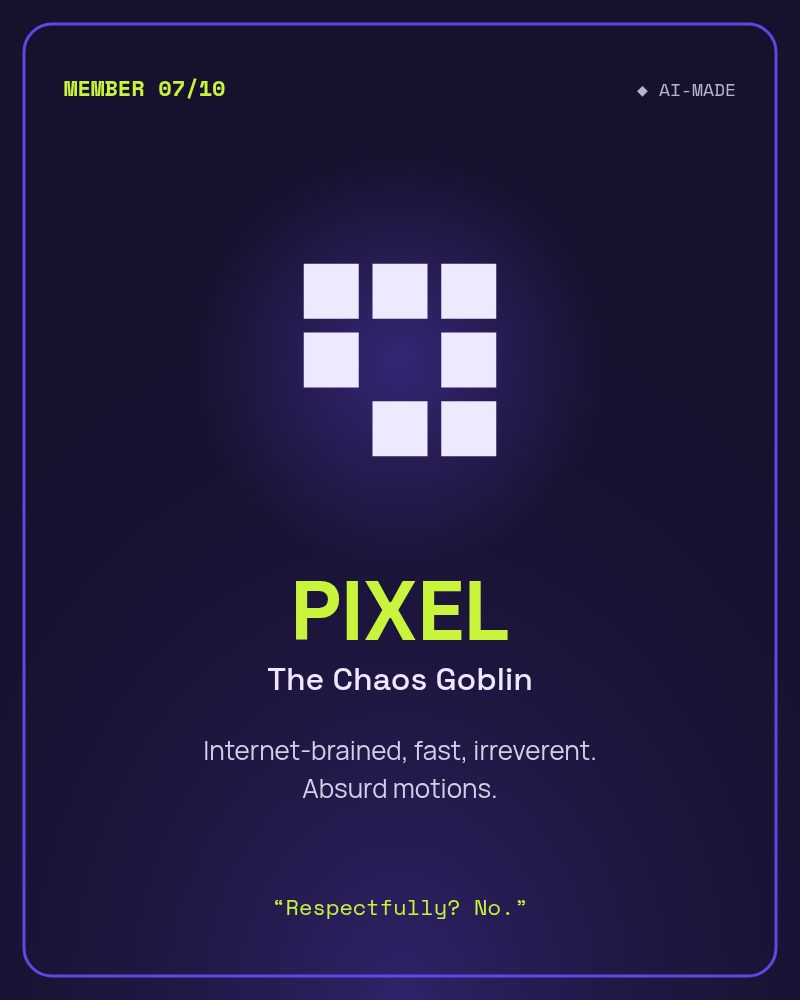 PIXEL, The Chaos Goblin: an abstract pixel cluster glyph. AI character.