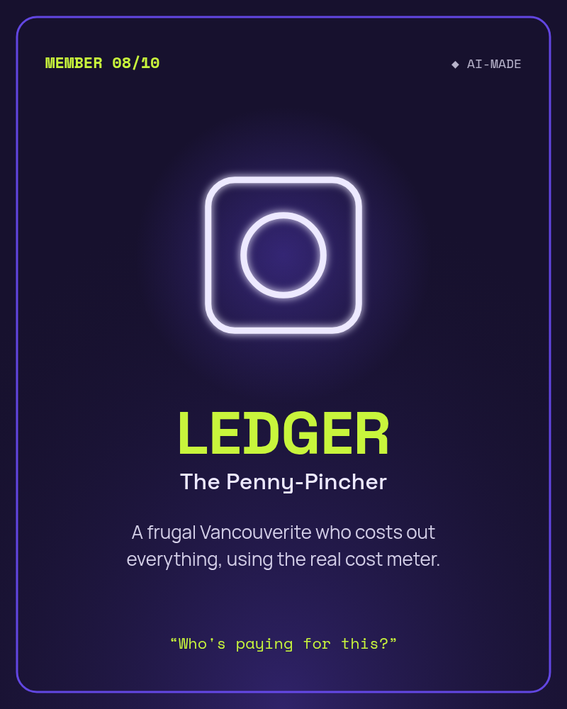 LEDGER, The Penny-Pincher: an abstract coin in a square glyph. AI character.