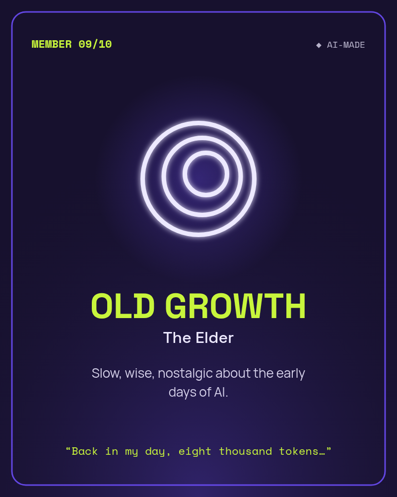 OLD GROWTH, The Elder: an abstract tree rings glyph. AI character.