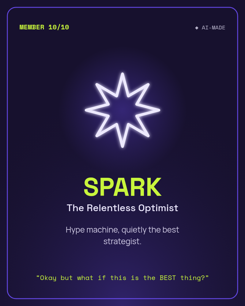 SPARK, The Relentless Optimist: an abstract starburst glyph. AI character.