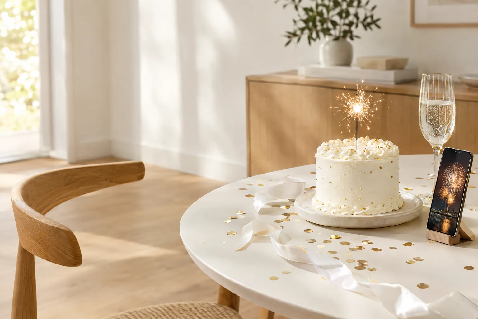 Birthday cake with a sparkler beside a phone playing fireworks, AI-generated
