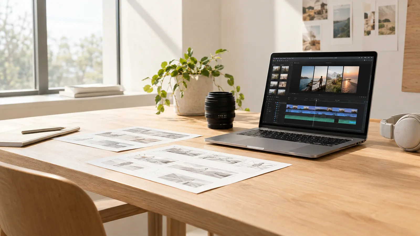 Studio desk with a video editing timeline, AI-generated