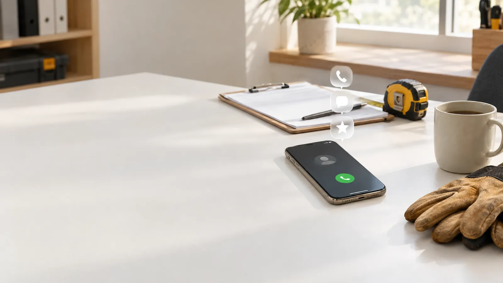 Phone with an incoming call on a trades office desk, AI-generated